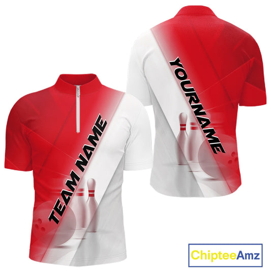 Front and back men’s bowling quarter zip shirt mockup with bowling ball and pins artwork in a red and white diagonal layout.