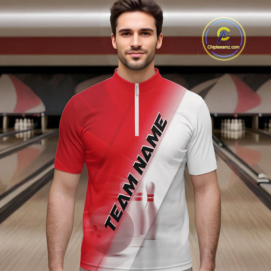 Male model front view at the bowling lane wearing a bowling quarter zip shirt with bowling ball and pins across a red and white diagonal layout.