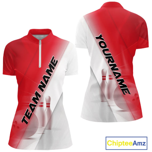 Front and back women’s bowling quarter zip mockup with bowling ball and pins artwork incorporated into a red and white diagonal layout.