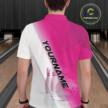 Load image into Gallery viewer, Back view of a male model at a bowling lane wearing a polo shirt with bowling ball and pins in a pink and white diagonal layout.