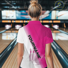 Load image into Gallery viewer, Back view female model in a bowling lane wearing a polo shirt with bowling ball and pins in a pink and white diagonal layout.