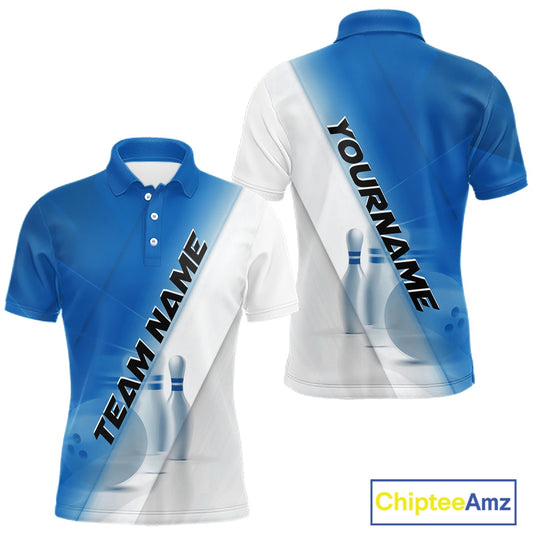 Front and back men’s bowling polo shirt mockup featuring bowling ball and pins artwork in a blue and white diagonal layout.
