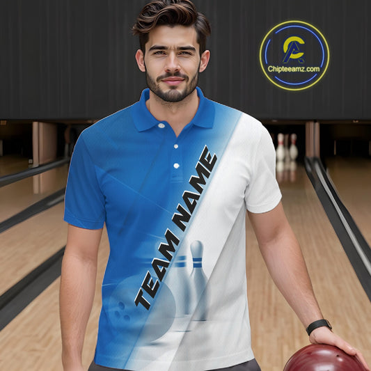 Male model front view at a bowling lane wearing a polo shirt with bowling ball and pins across a blue and white diagonal layout.