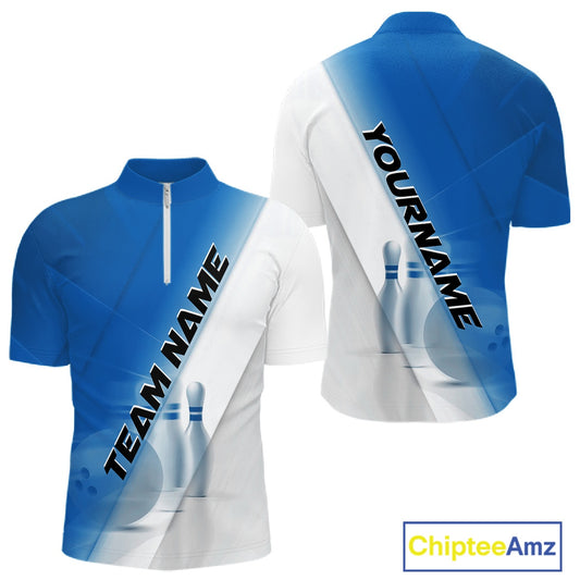 Front and back men’s bowling quarter zip shirt mockup with bowling ball and pins artwork in a blue and white diagonal layout.