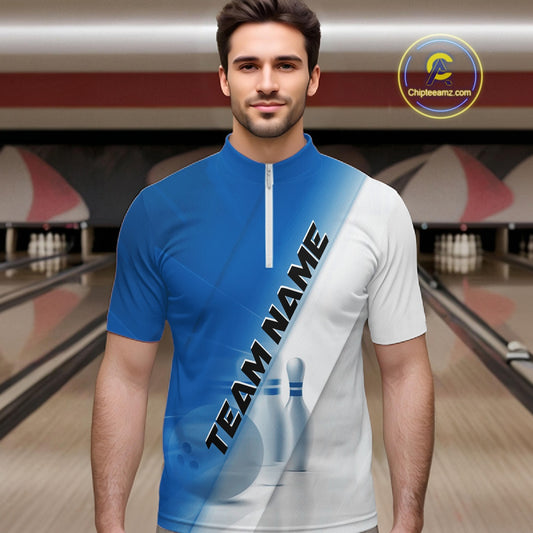 Male model front view in a bowling lane wearing a bowling quarter zip shirt with bowling ball and pins across a blue and white diagonal layout.
