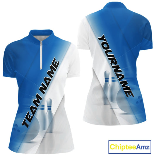 Front and back women’s bowling quarter zip mockup with bowling ball and pins artwork in a blue and white diagonal layout.