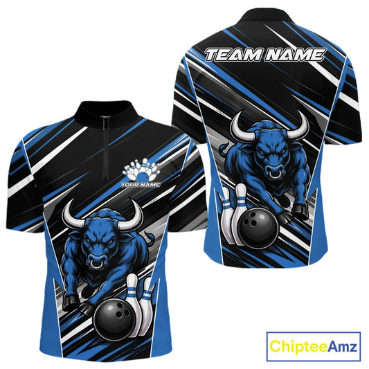 Custom Black And Blue Bull Bowling Team Men Quarter Zip Shirt, Bull Bowling Jerseys IPHW11815