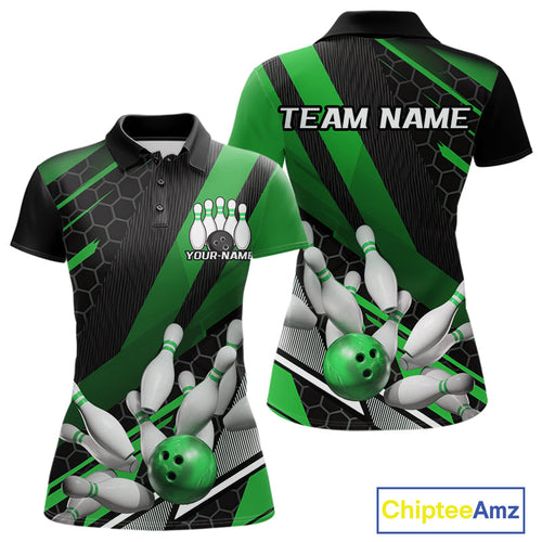 Custom Black And Green Bowling Team Jerseys, Striking Bowling League Polo Shirt For Women IPHW9808