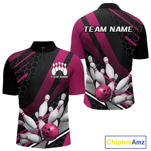 Custom Black And Pink Bowling Team Jerseys, Striking Bowling League Quarter-Zip Shirt For Men IPHW9810