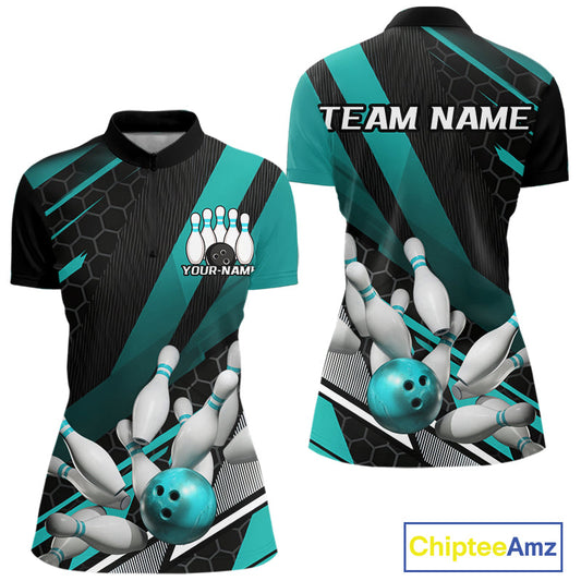 Custom Turquoise Blue Bowling Team Jersey, Bowling League Women Quarter-Zip Shirt IPHW9812