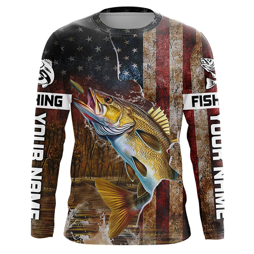 Personalized American Flag Walleye Fishing Shirts,Vintage Patriotic Walleye Fishing Apparel IPHW5734