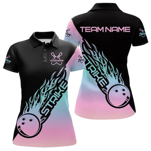 Blue And Pink Custom Strike Bowling Polo Shirts For Women, Bowling Team Shirt Bowler Outfit IPHW8823