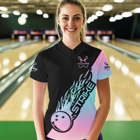 Blue And Pink Custom Strike Bowling Quarter-Zip Shirt For Women, Bowling Team Bowler Outfit IPHW8823