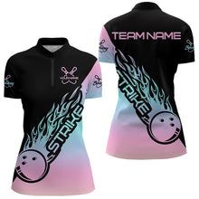 Load image into Gallery viewer, Blue And Pink Custom Strike Bowling Quarter-Zip Shirt For Women, Bowling Team Bowler Outfit IPHW8823