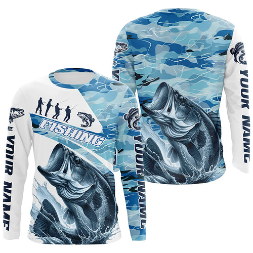 Bass Fishing Custom Long Sleeve Tournament Shirts, Blue Camo Bass Fishing Jerseys For Fisherman IPHW6318