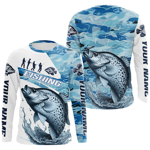 Crappie Fishing Custom Long Sleeve Tournament Shirts, Blue Camo Crappie Fishing Jersey For Fisherman IPHW6320