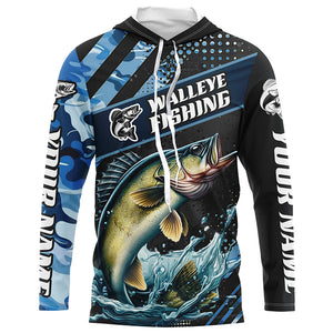 Personalized Blue Camo Walleye Fishing Jerseys, Walleye Long Sleeve Tournament Fishing Shirts IPHW6330