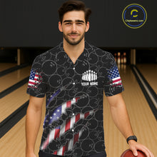 Load image into Gallery viewer, Custom Black Bowling Ball Pattern Shirt, Patriotic US Flag Bowling Hawaiian Shirt For Men IPHW6778
