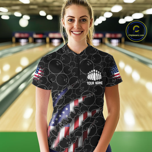 Custom Black Bowling Ball Pattern Shirt, Patriotic US Flag Bowling Women Quarter-Zip IPHW6778
