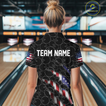 Custom Black Bowling Ball Pattern Shirt, Patriotic US Flag Bowling Women Quarter-Zip IPHW6778