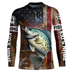 Custom Crappie Long Sleeve Fishing Shirts For Men, Patriotic Amerian Flag Crappie Fishing Shirt IPHW6889