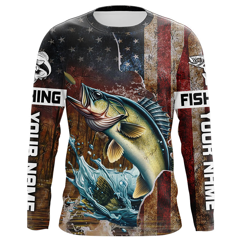 Custom Walleye Long Sleeve Fishing Shirts For Men, Patriotic Amerian Flag Walleye Fishing Shirt IPHW6891