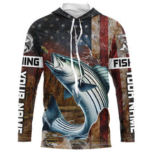 Load image into Gallery viewer, Custom Striped Bass Long Sleeve Fishing Shirts For Men, Patriotic Amerian Flag Striper Fishing Shirt IPHW6892