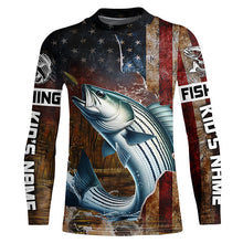 Load image into Gallery viewer, Custom Striped Bass Long Sleeve Fishing Shirts For Men, Patriotic Amerian Flag Striper Fishing Shirt IPHW6892