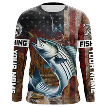 Load image into Gallery viewer, Custom Striped Bass Long Sleeve Fishing Shirts For Men, Patriotic Amerian Flag Striper Fishing Shirt IPHW6892