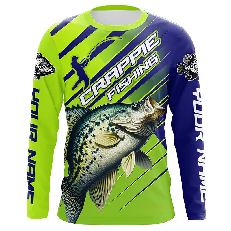 Crappie Fishing Custom Long Sleeve Tournament Shirts, Green And Blue Crappie Fishing Jerseys IPHW6894