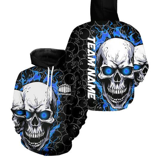 Custom Blue Flame Skull Bowling Shirts For Men And Women, Bowling Team Hoodie Bowling Shirts IPHW5103