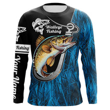 Load image into Gallery viewer, Fish Hook Walleye Fishing Custom Long Sleeve Tournament Fishing Shirts Fishing Jerseys | Blue Camo IPHW5736