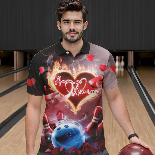 Custom Valentines Day Couple Bowling Polo Shirts For Men, Roses And Flame Bowling For Lovers IPHW8340