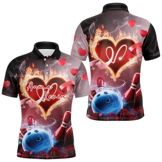 Custom Valentines Day Couple Bowling Polo Shirts For Men, Roses And Flame Bowling For Lovers IPHW8340