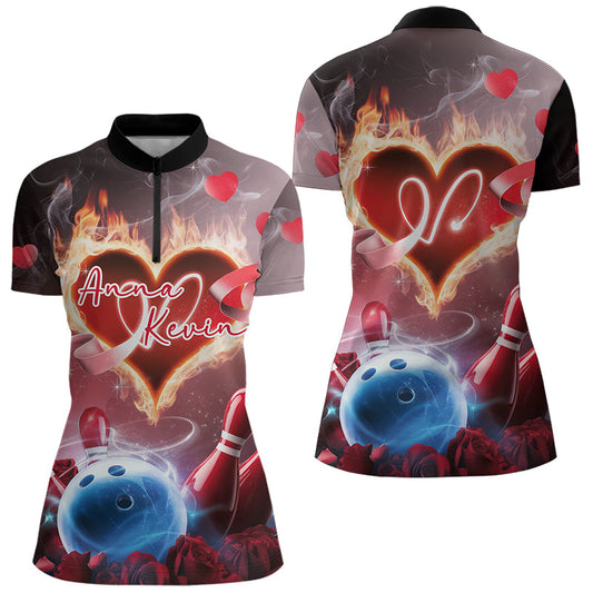 Custom Valentines Day Couple Bowling Quarter-Zip Shirts For Women, Roses And Flame Bowling IPHW8340