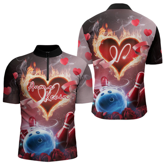 Custom Valentines Day Couple Bowling Quarter-Zip Shirts For Men, Roses And Flame Bowling For Lovers IPHW8340