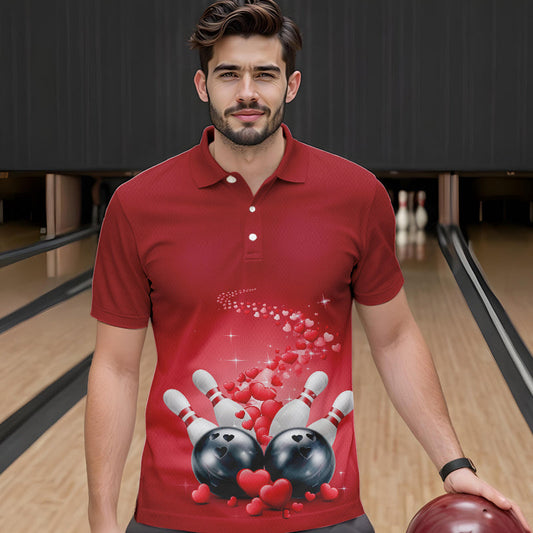 Custom Red Valentine Bowling Polo Shirts For Men, Valentines Day Couple Bowling Outfits  IPHW8348