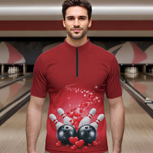 Load image into Gallery viewer, Custom Red Valentine Bowling Quarter-Zip Shirts For Men, Valentines Day Couple Bowling Outfits  IPHW8348
