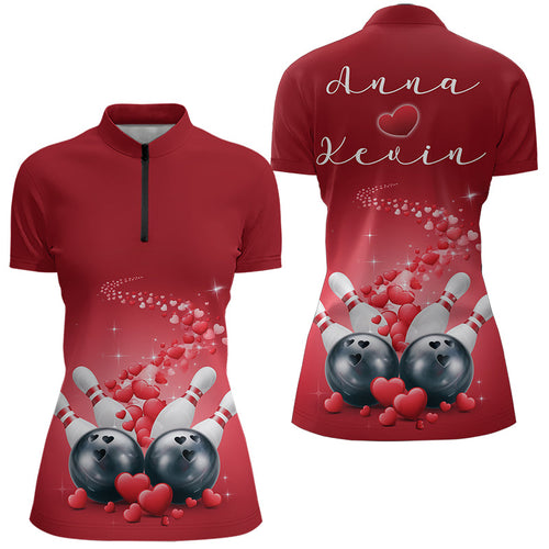 Custom Red Valentine Bowling Quarter-Zip Shirts For Women, Couple Bowling Outfits  IPHW8348