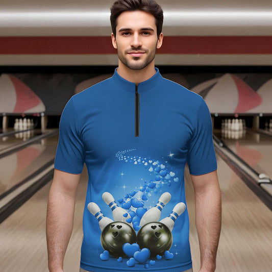 Custom Blue Valentine Bowling Quarter-Zip Shirts For Men, Valentines Day Couple Bowling Outfits  IPHW8349