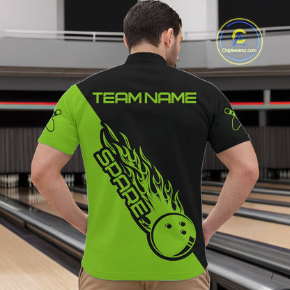 Custom Black And Green Flame Spare Bowling Men Shirts, Bowling Team League Jerseys IPHW10690