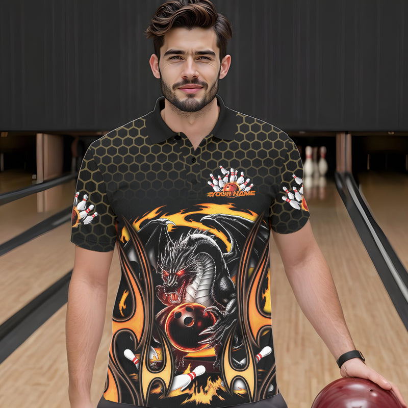 Custom Black And Yellow Flame Dragon Bowling Men Polo Shirts, Team Bowling League Shirt IPHW8839
