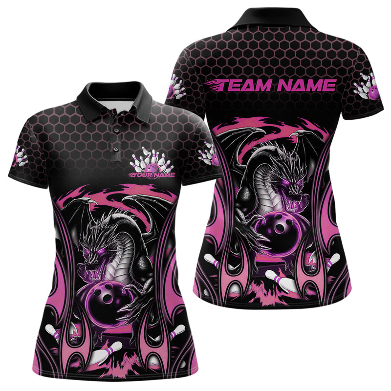 Custom Black And Pink Flame Dragon Bowling Women Polo Shirts, Team Bowling League Shirt IPHW8841