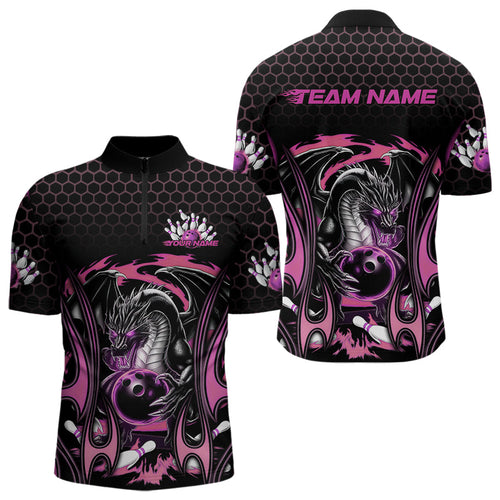 Custom Black And Pink Flame Dragon Bowling Men Quarter-Zip Shirts, Team Bowling League Shirt IPHW8841