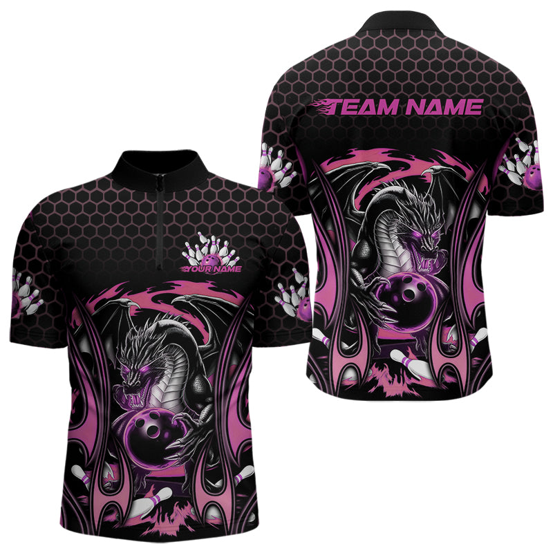 Custom Black And Pink Flame Dragon Bowling Men Quarter-Zip Shirts, Team Bowling League Shirt IPHW8841