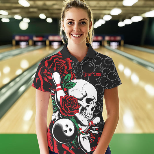Custom Red Roses And Skull Bowling Polo Shirts For Women, Team Bowling League Shirt IPHW8842