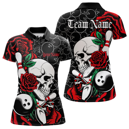 Custom Red Roses And Skull Bowling Polo Shirts For Women, Team Bowling League Shirt IPHW8842