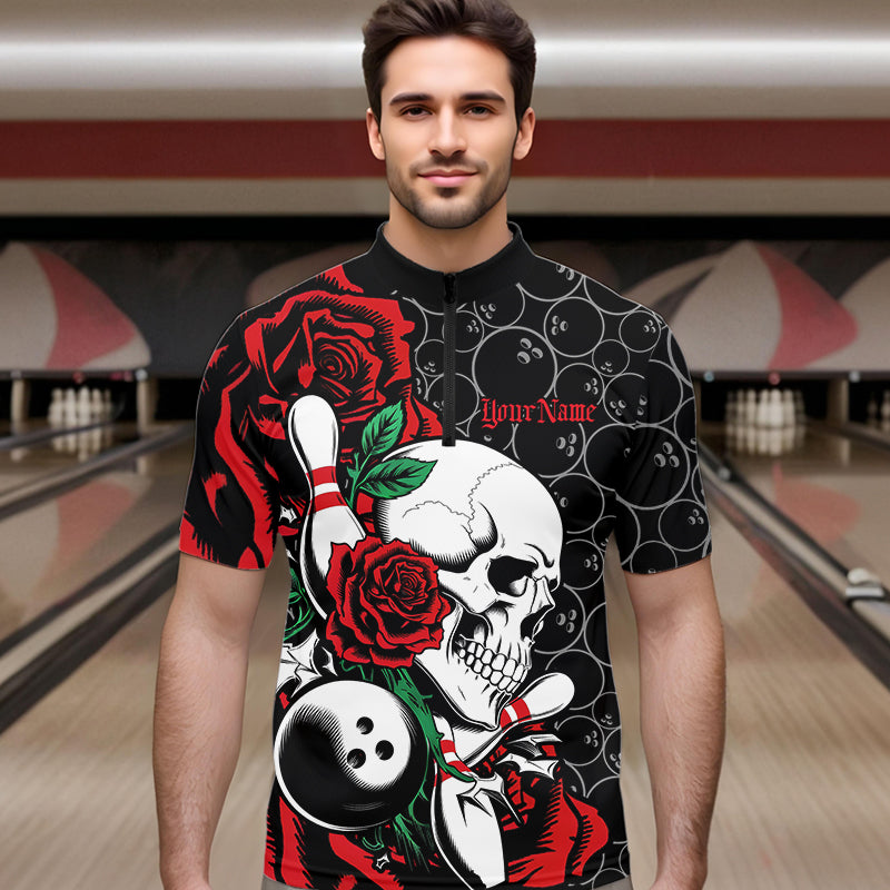 Custom Red Roses And Skull Bowling Quarter-Zip Shirts For Men, Team Bowling League Shirt IPHW8842
