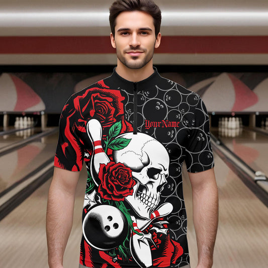 Custom Red Roses And Skull Bowling Quarter-Zip Shirts For Men, Team Bowling League Shirt IPHW8842