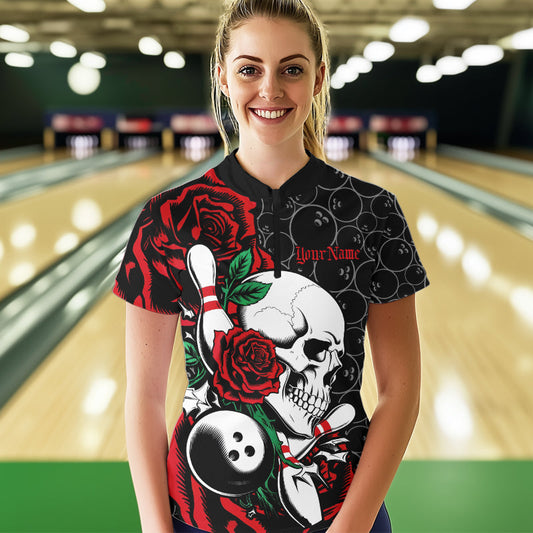 Custom Red Roses And Skull Bowling Quarter-Zip Shirts For Women, Team Bowling League Shirt IPHW8842